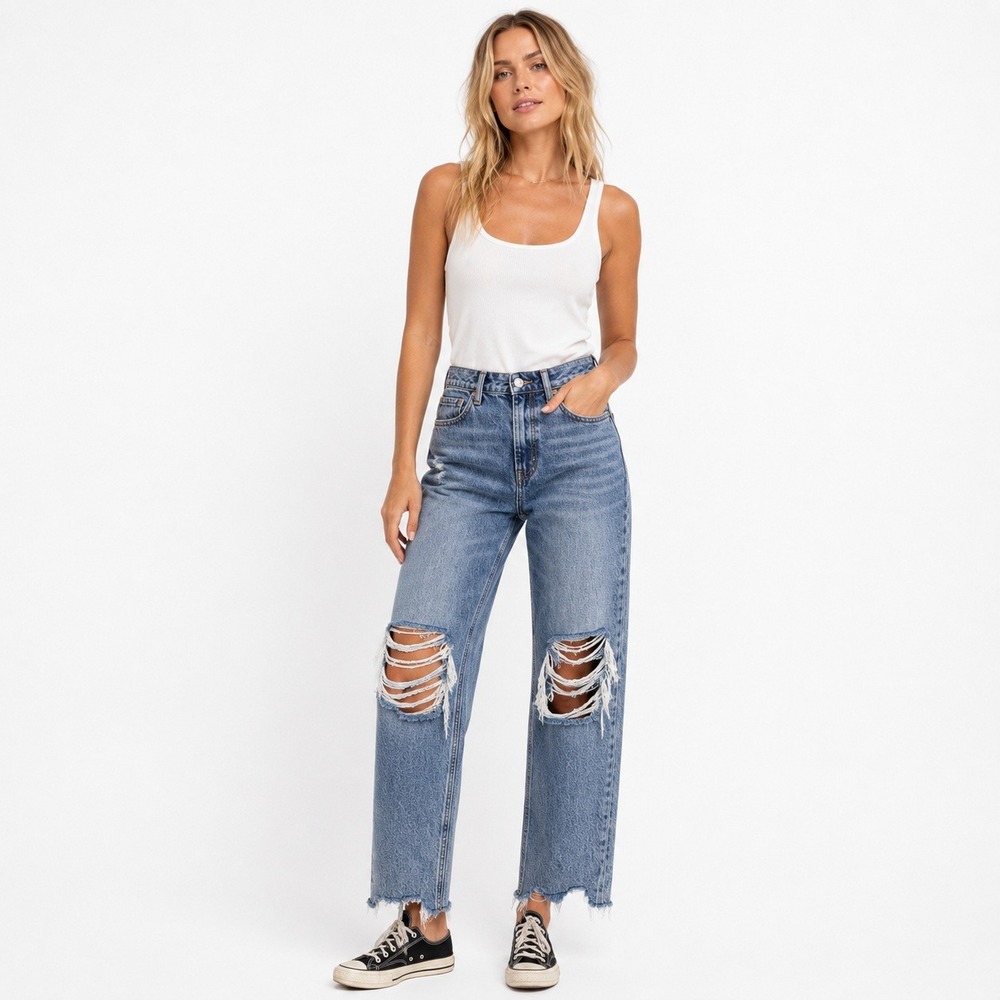 Vervet Distressed Straight Leg Jeans Women Size 28 High Rise Raw Hem Blue V2404